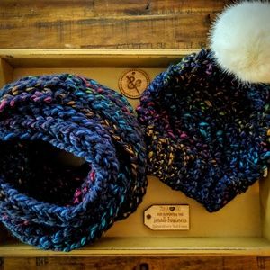 Infinity scarf/pompom hat set; Navy blue with neon